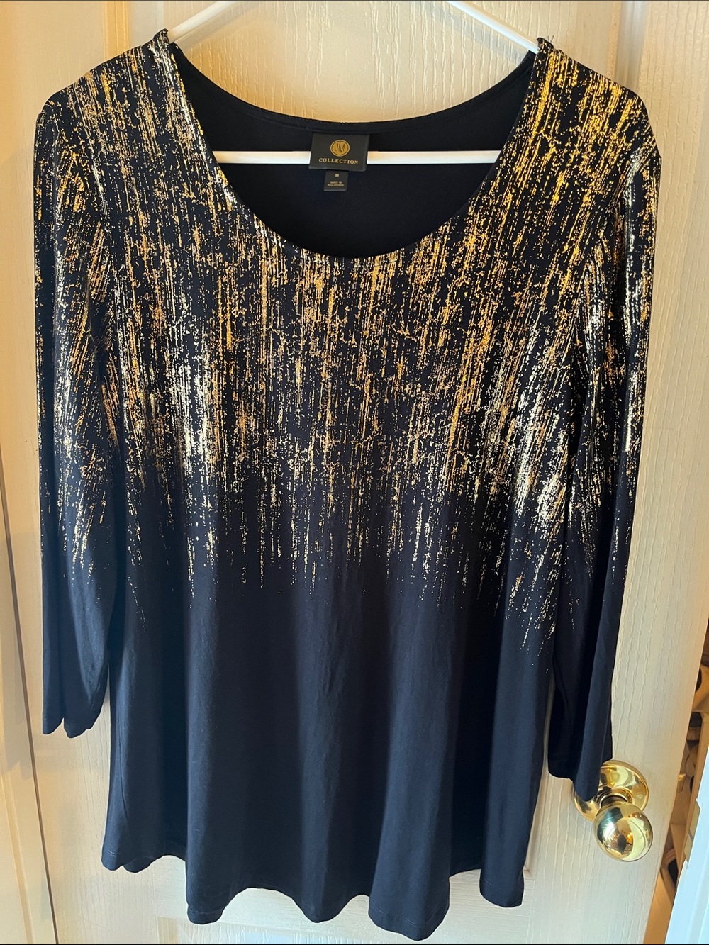 JM Collection Black Blouse with Gold Foil Drip Detail